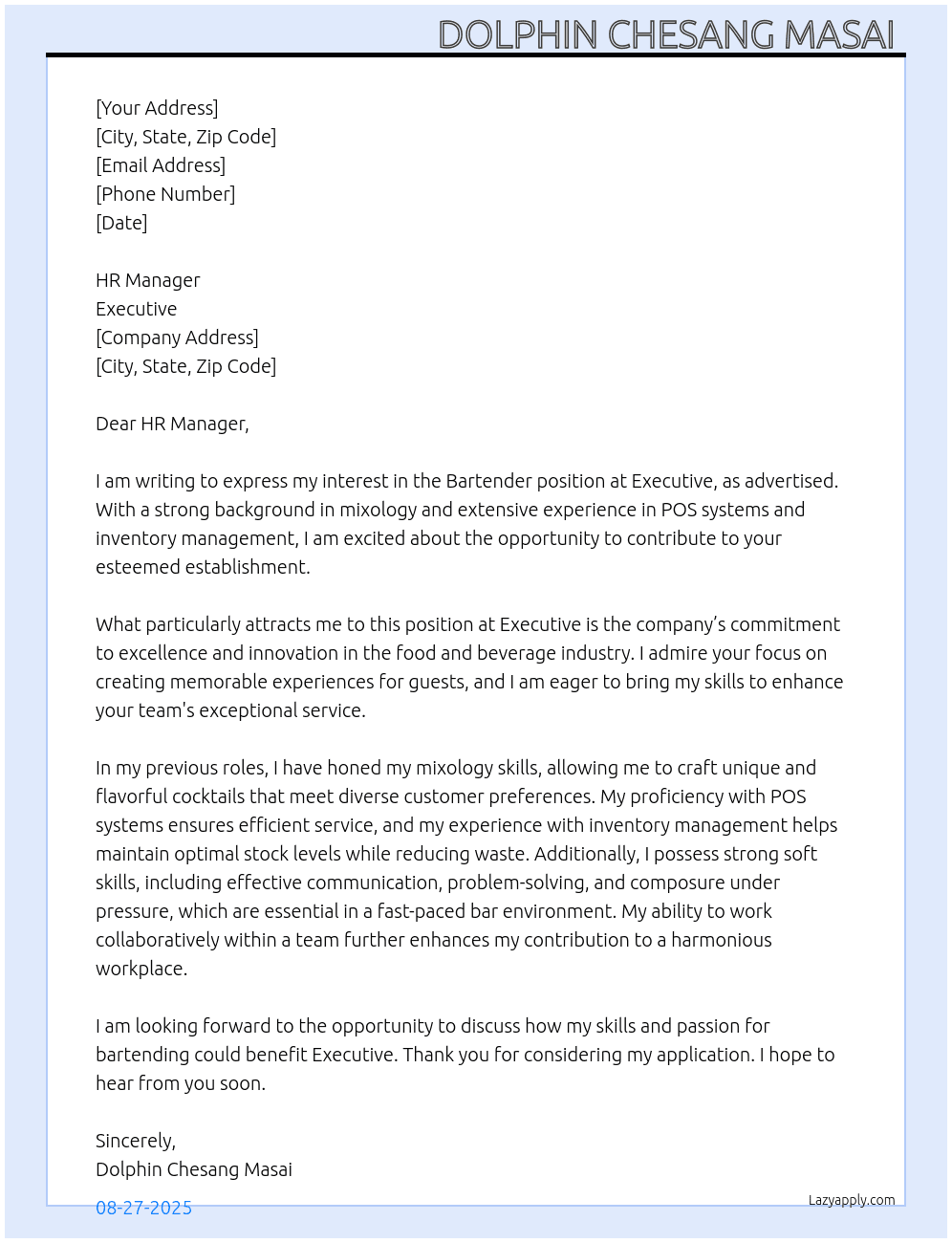Bartender  At Executive  Cover Letter