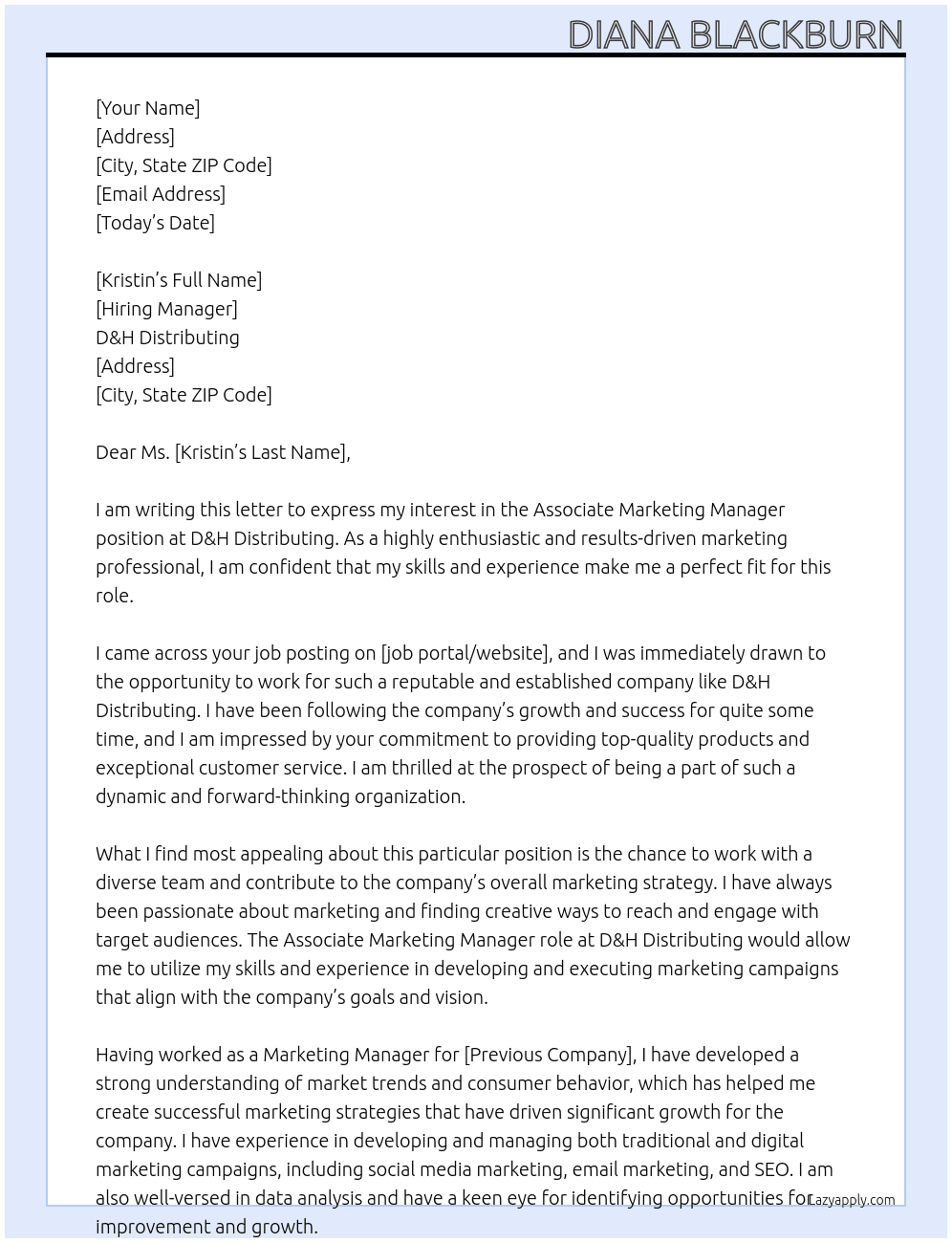 Associate Marketing Manager At D&H Distributing  Cover Letter