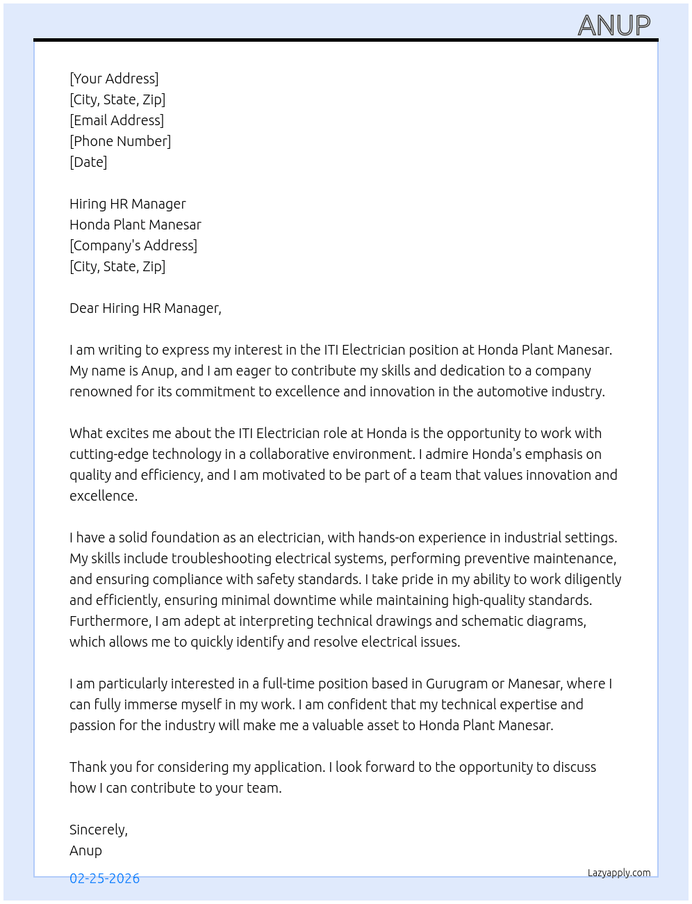 Cover letter for iti  electrician - LazyApply