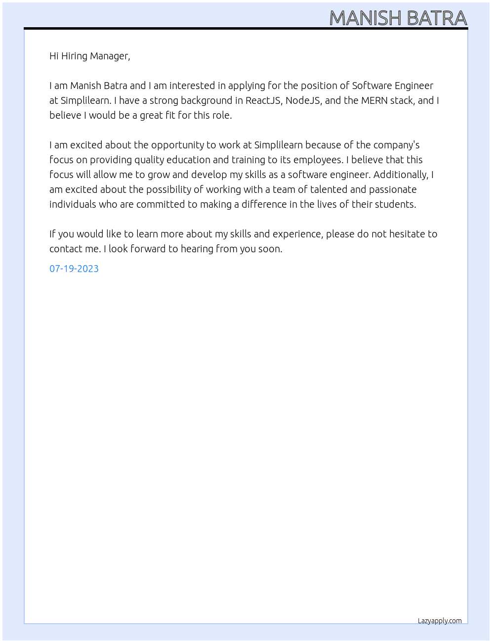 Software enginner At Simplilearn Cover Letter