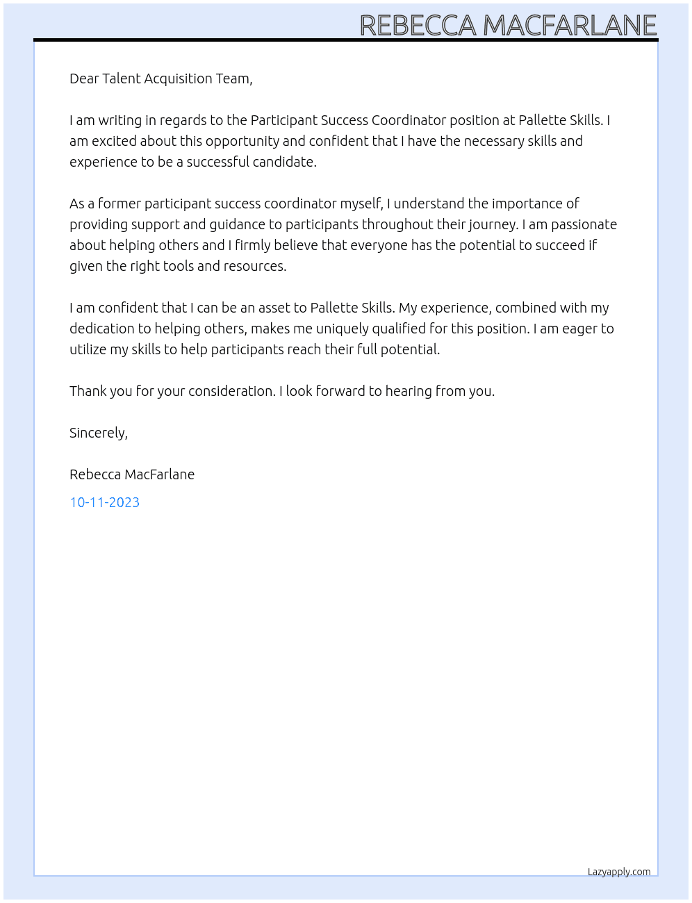 Participant Success Coordinator At Pallette Skills Cover Letter