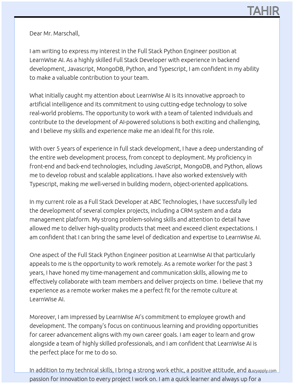 Full Stack Python Engineer At LearnWise AI Cover Letter
