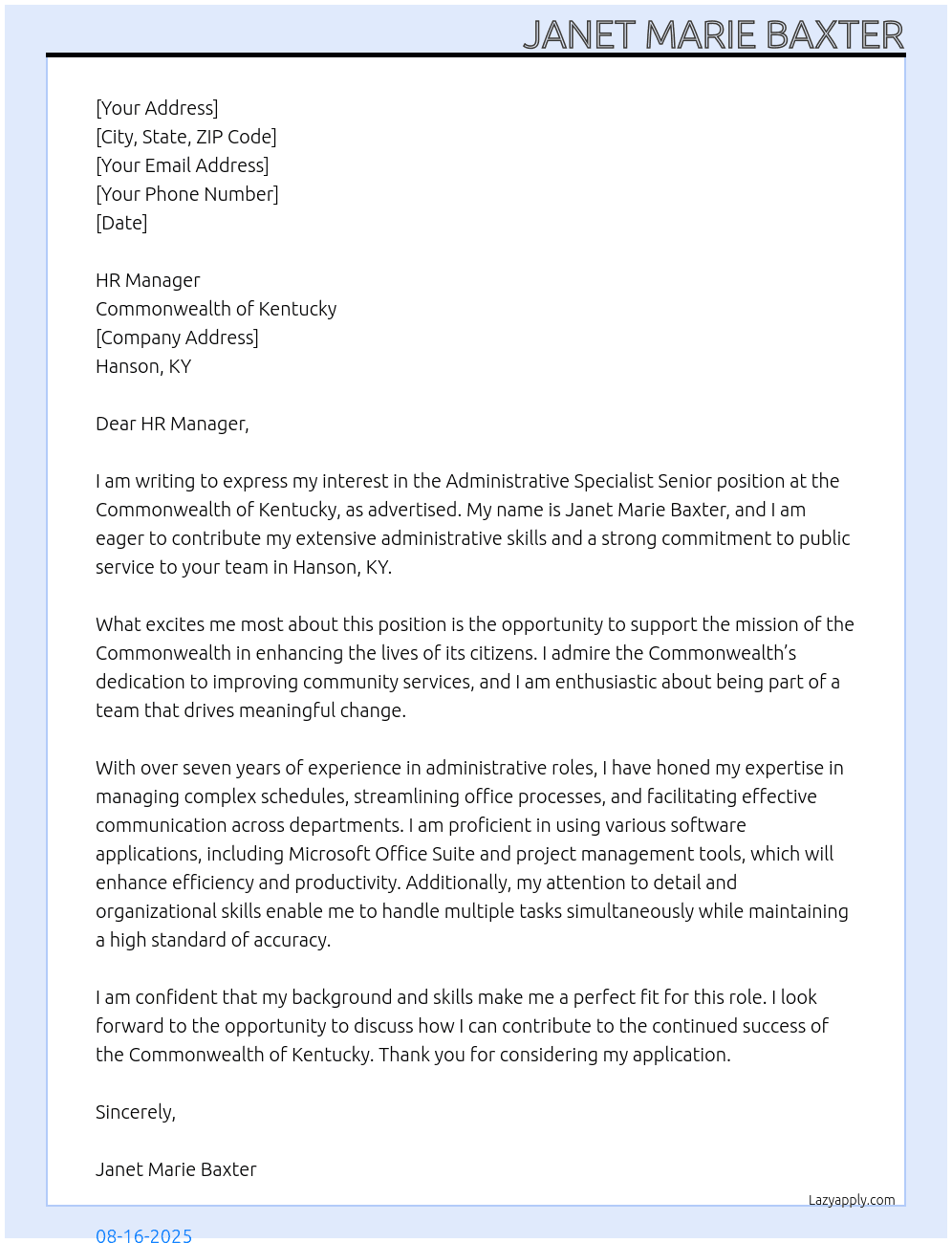 Admoinistrative Specialist Senior At Commonwealth of Kentucky Cover Letter
