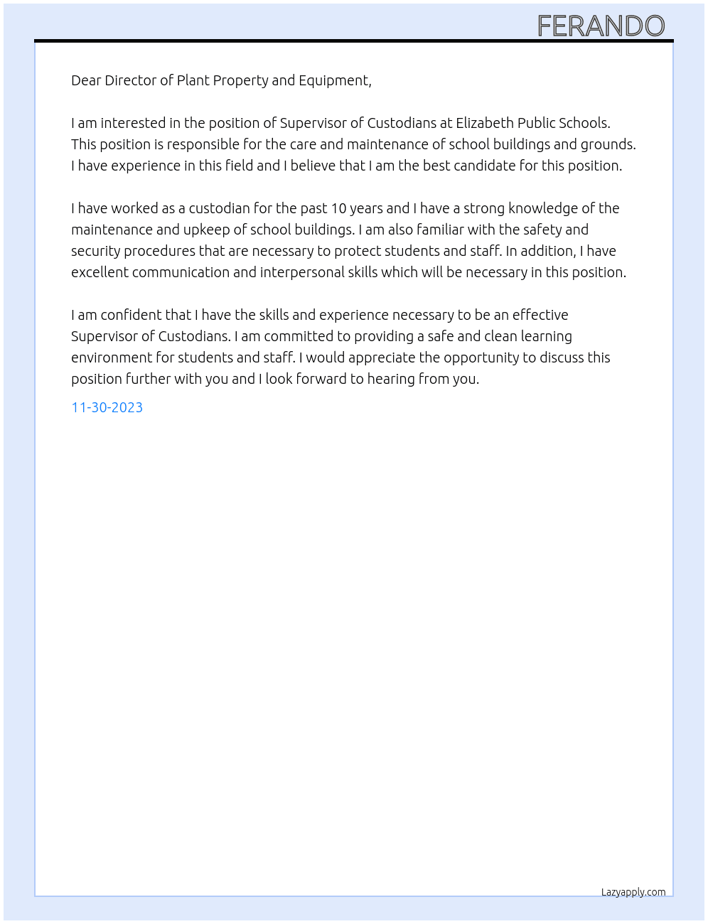Supervisor of Custodians At elizabeth public school Cover Letter