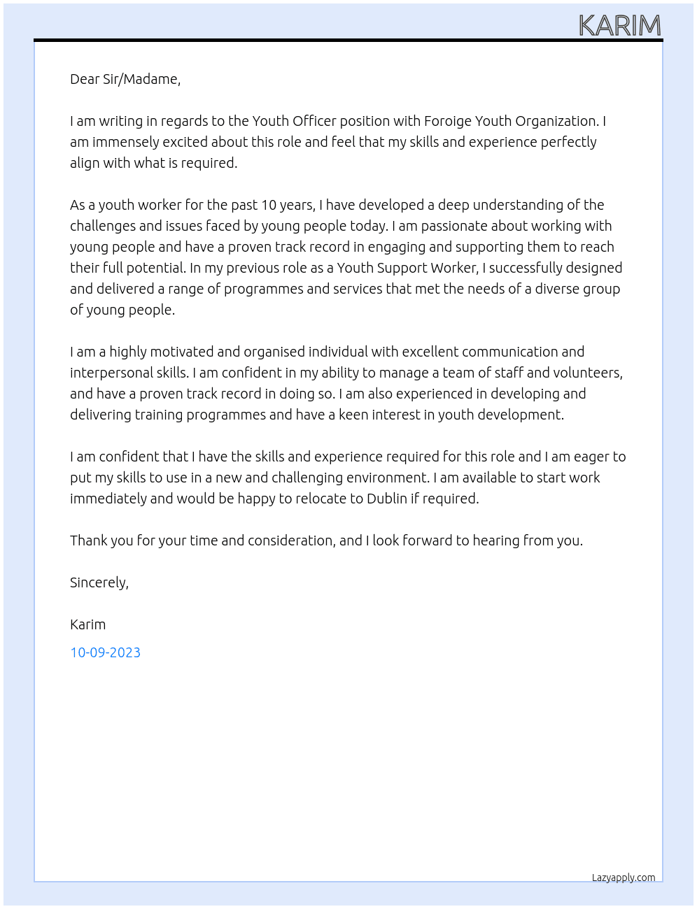 Youth Officer At Foroige Youth Organization Cover Letter