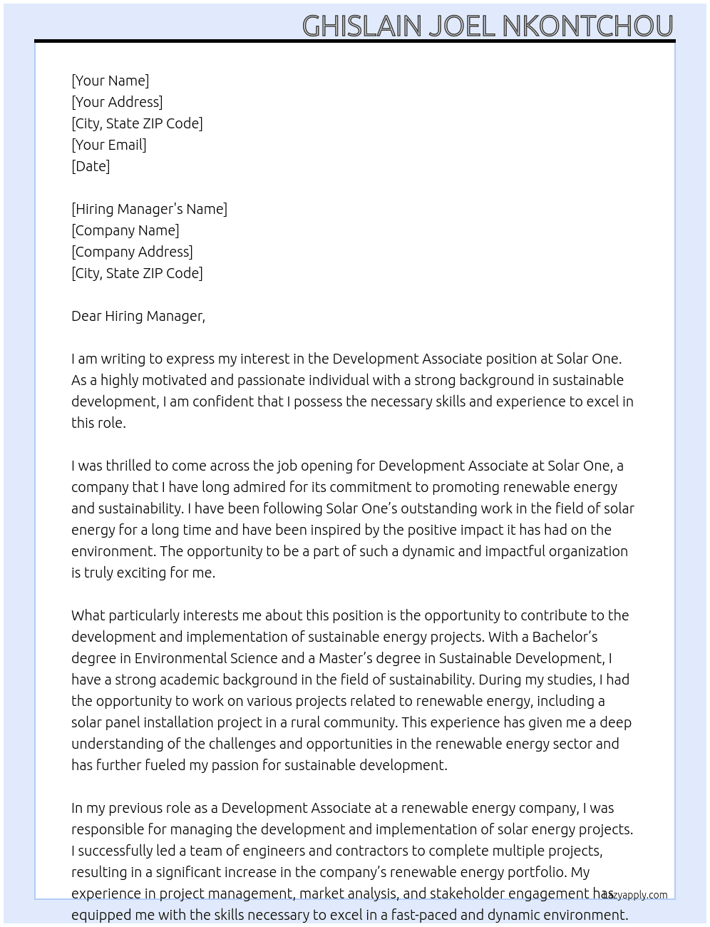 Development Associate At Solar One Cover Letter
