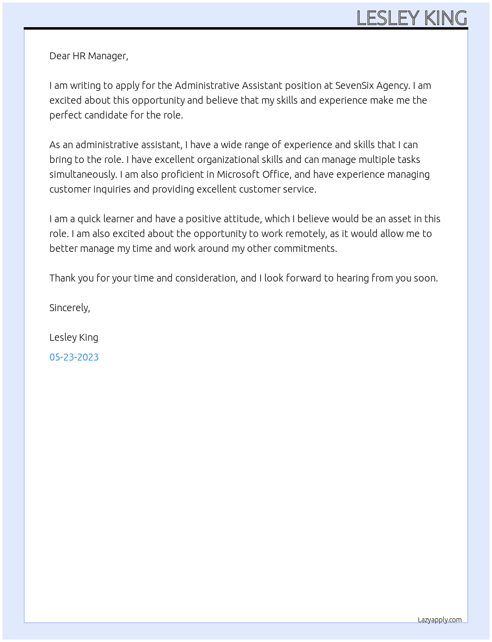 Administrative Assistant At SevenSix Agency Cover Letter