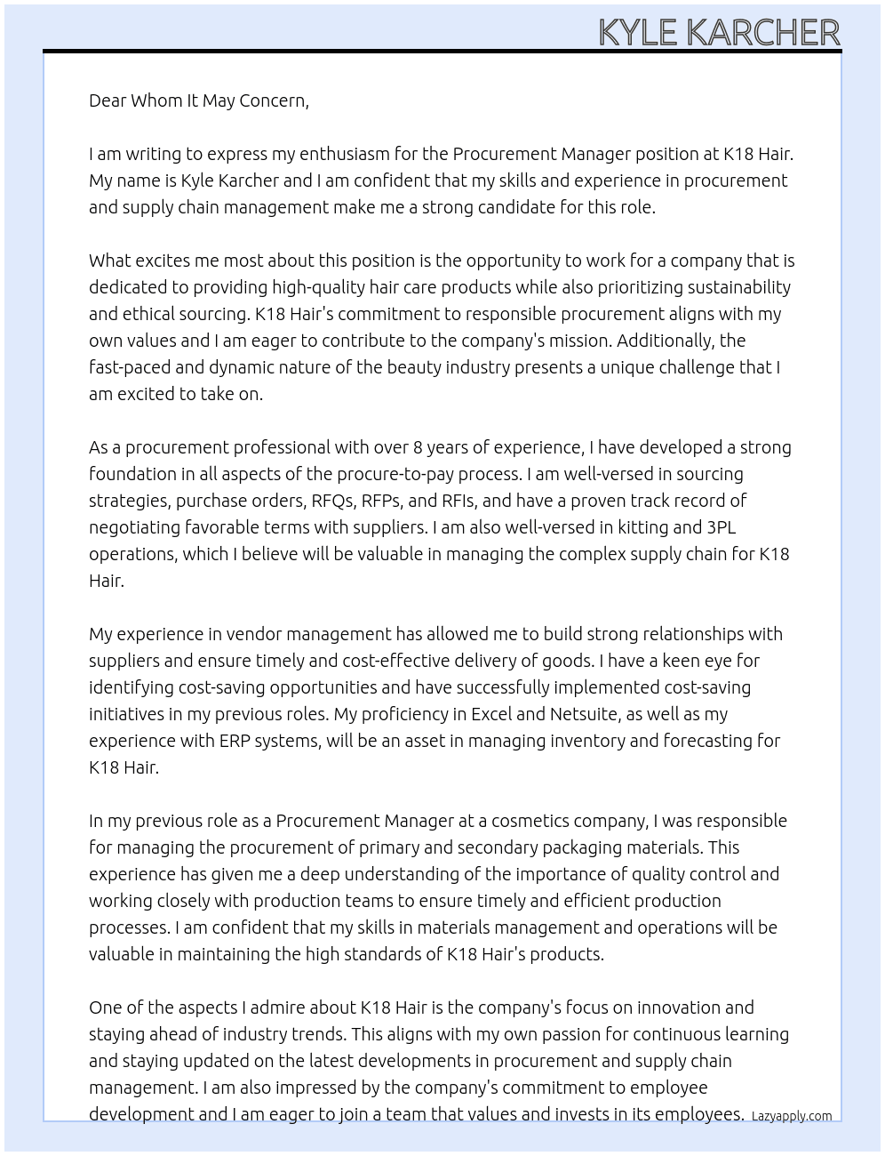 Procurement Manager At K18 Hair Cover Letter