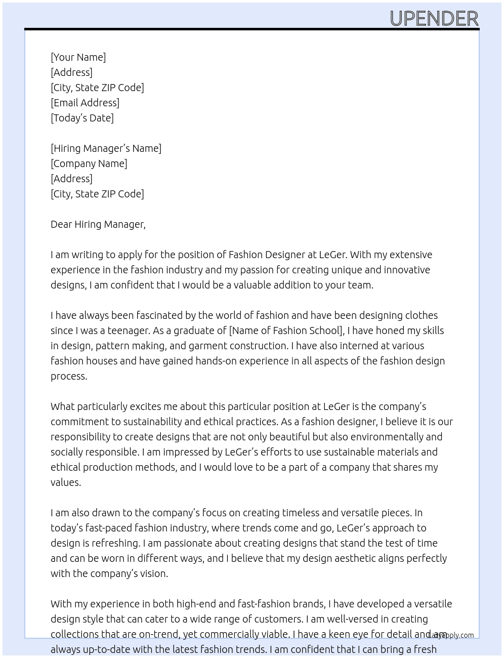 Fashion Designer At LeGer Cover Letter
