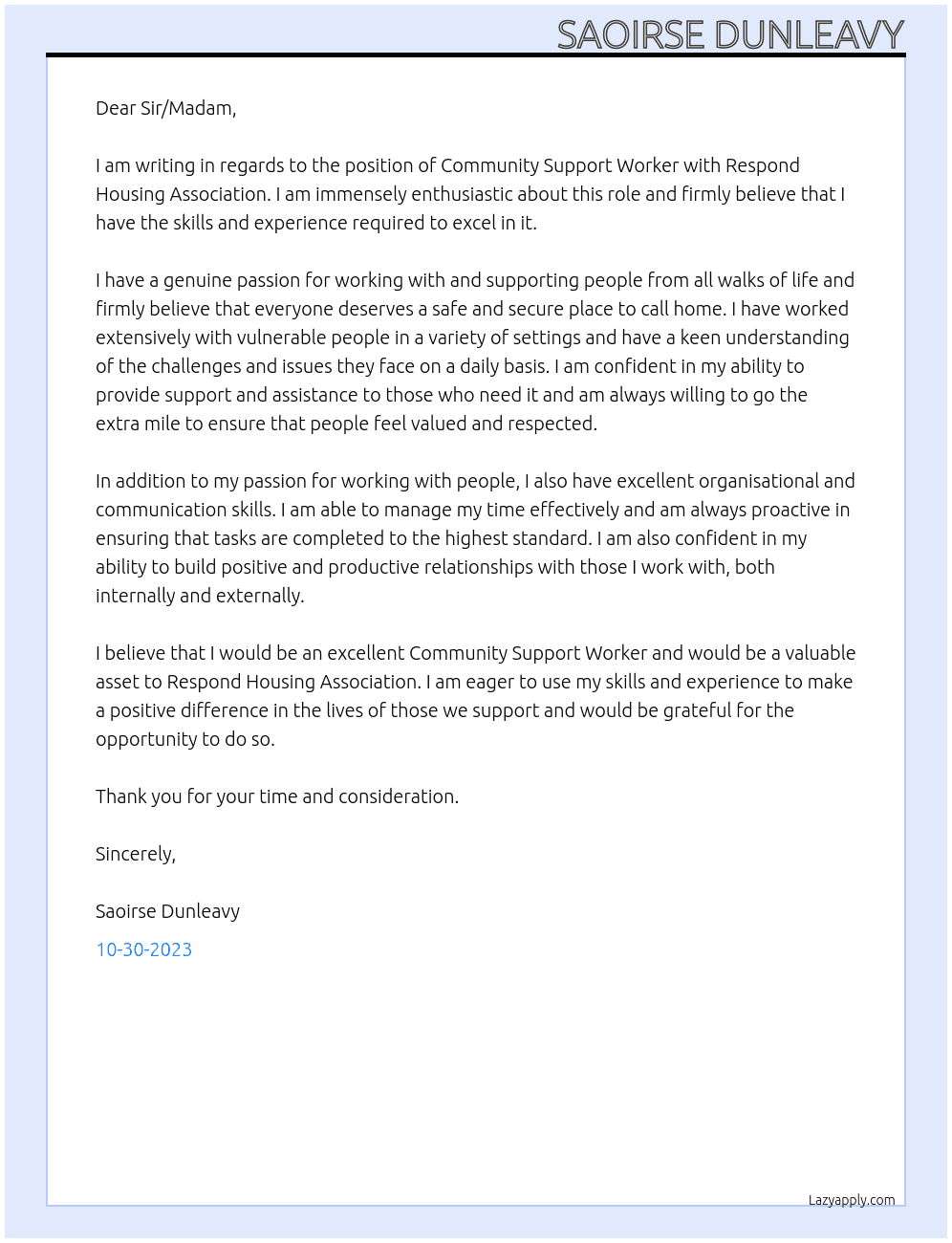 Community Support Worker At Respond Housing Association  Cover Letter