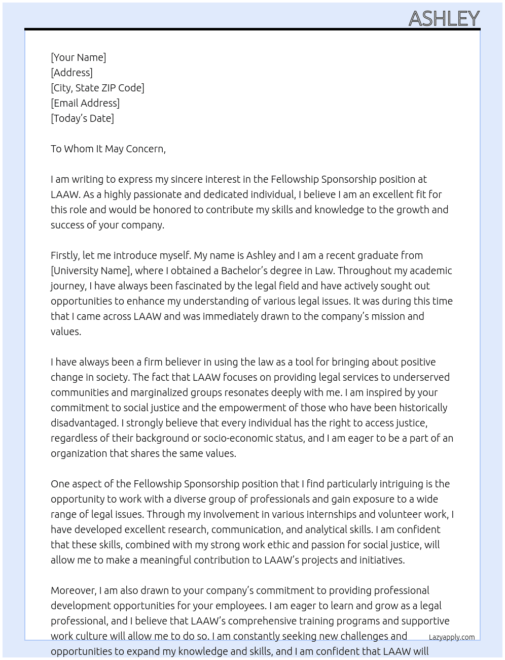 Fellowshp Sponsorship At LAAW Cover Letter