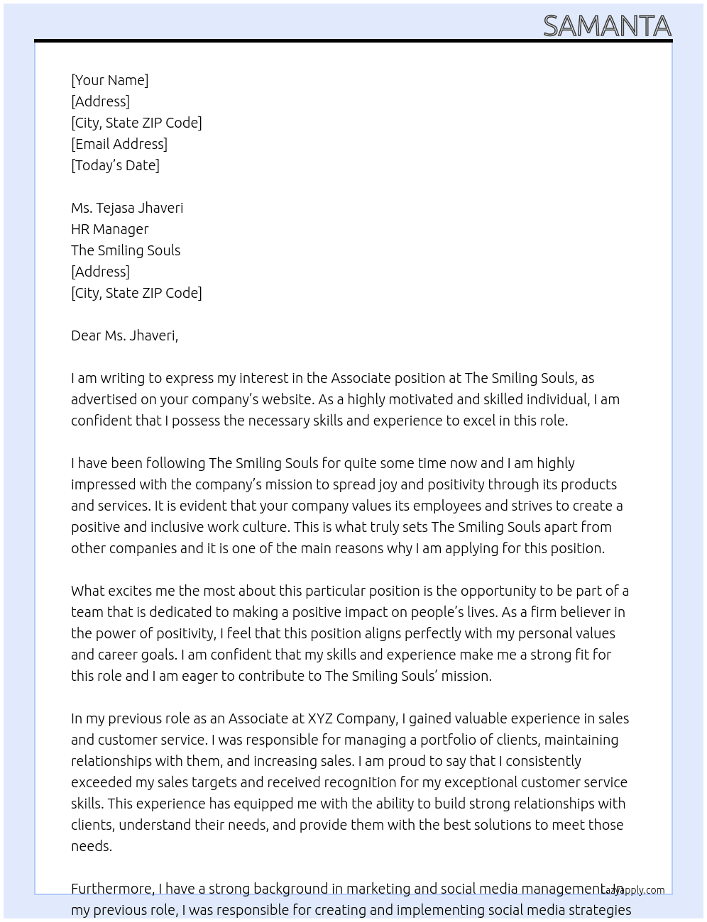 associate At The Smiling Souls Cover Letter