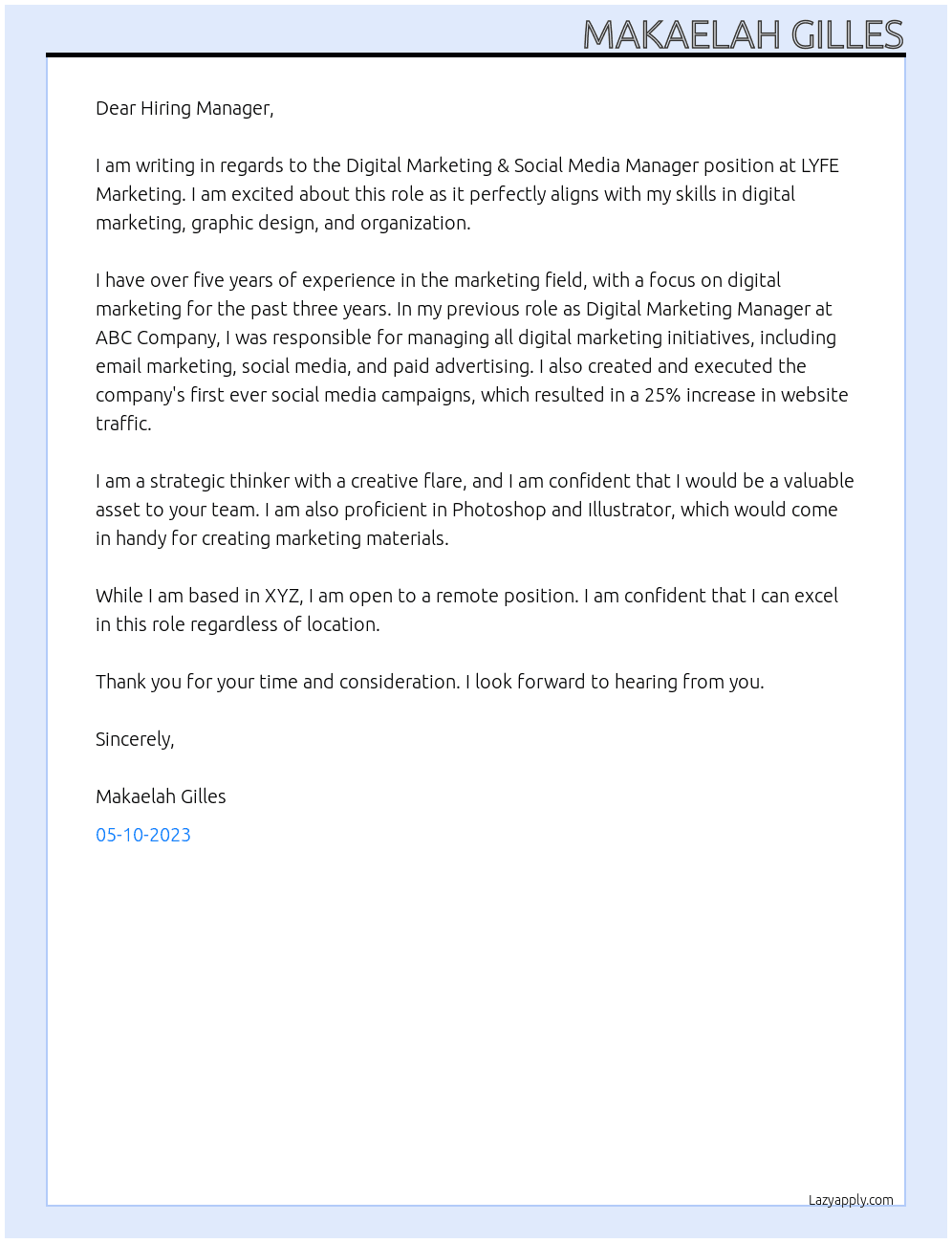 Digital Marketing & Social Media Manager At LYFE Marketing Cover Letter