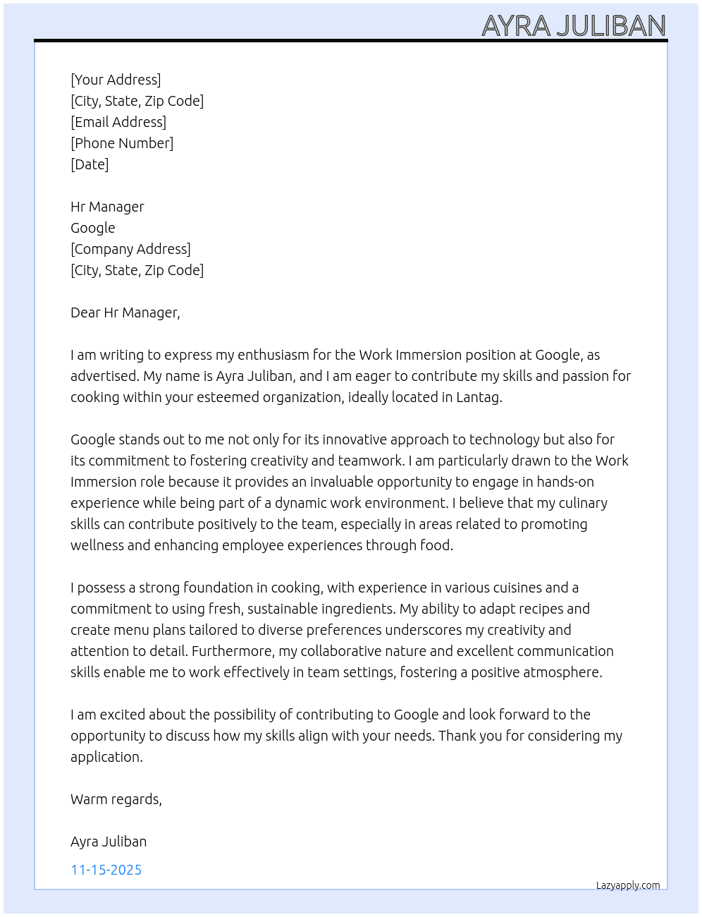 Cover letter for for work immersion - LazyApply