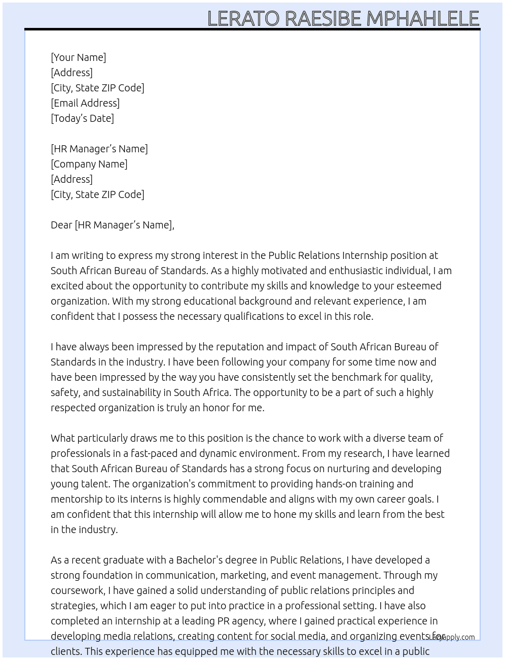 Public Relations Internship At South African Bureau of Standards Cover Letter