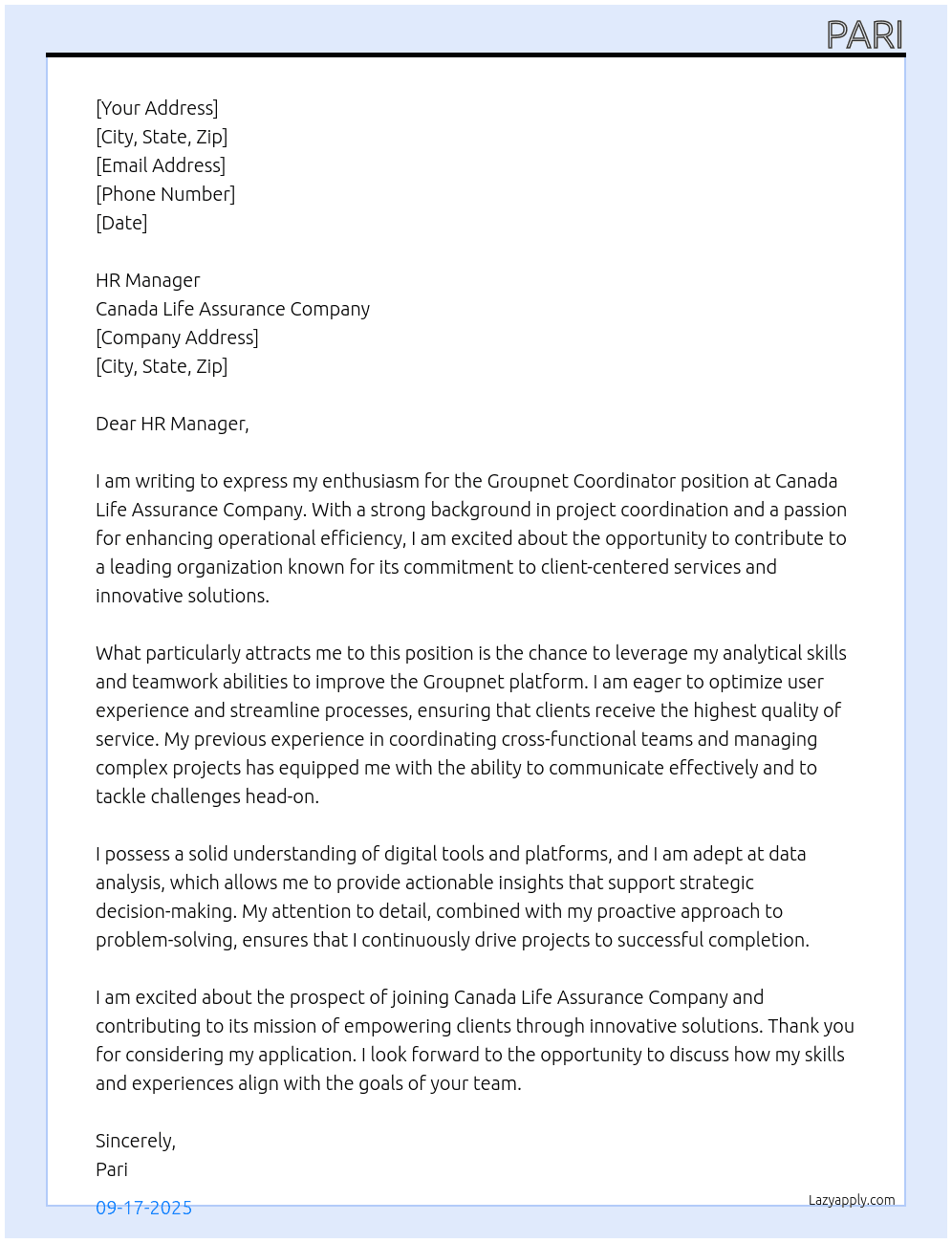 Groupnet Coordinator At Canada Life Assurance Company Cover Letter
