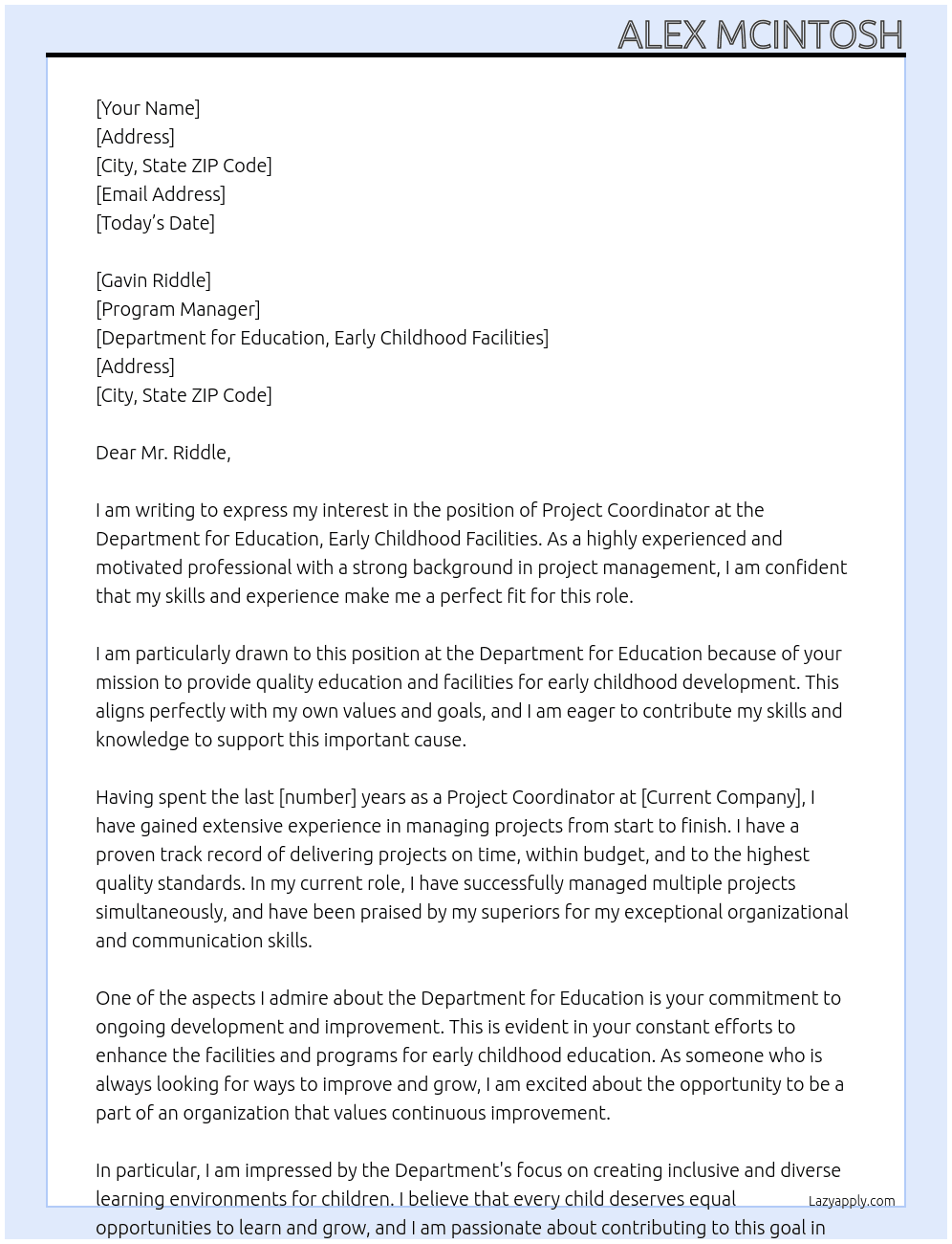 Project Coordinator At Department for Education, Early CHildhood Facilities Cover Letter