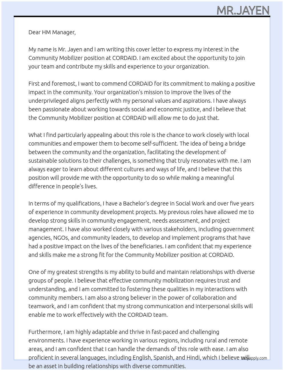 Community mobilizer At CORDAID Cover Letter