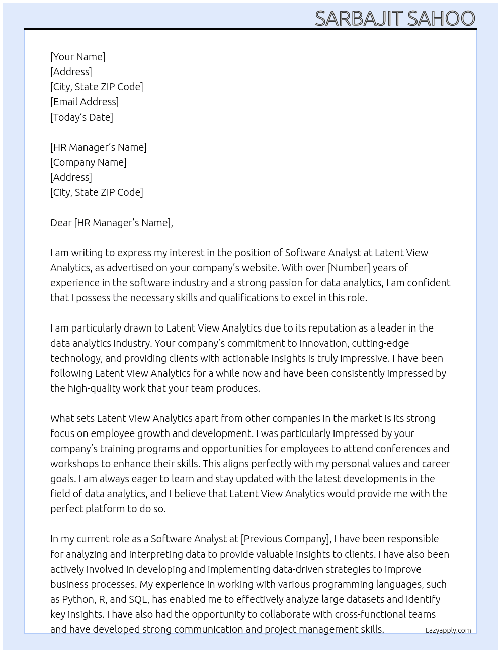 Software analyst  At Latent view analytics  Cover Letter