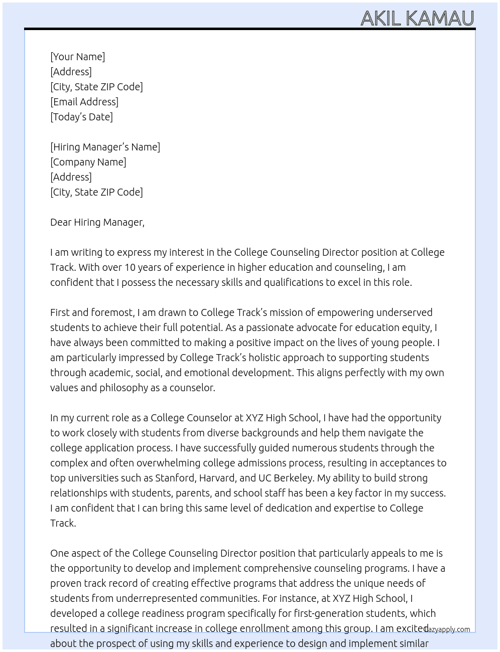 College Counseling Director At College Track Cover Letter