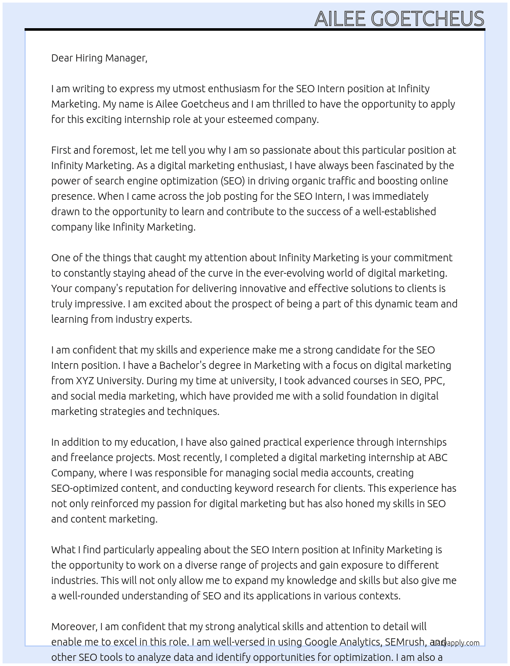 SEO Intern At Infinity Marketing Cover Letter