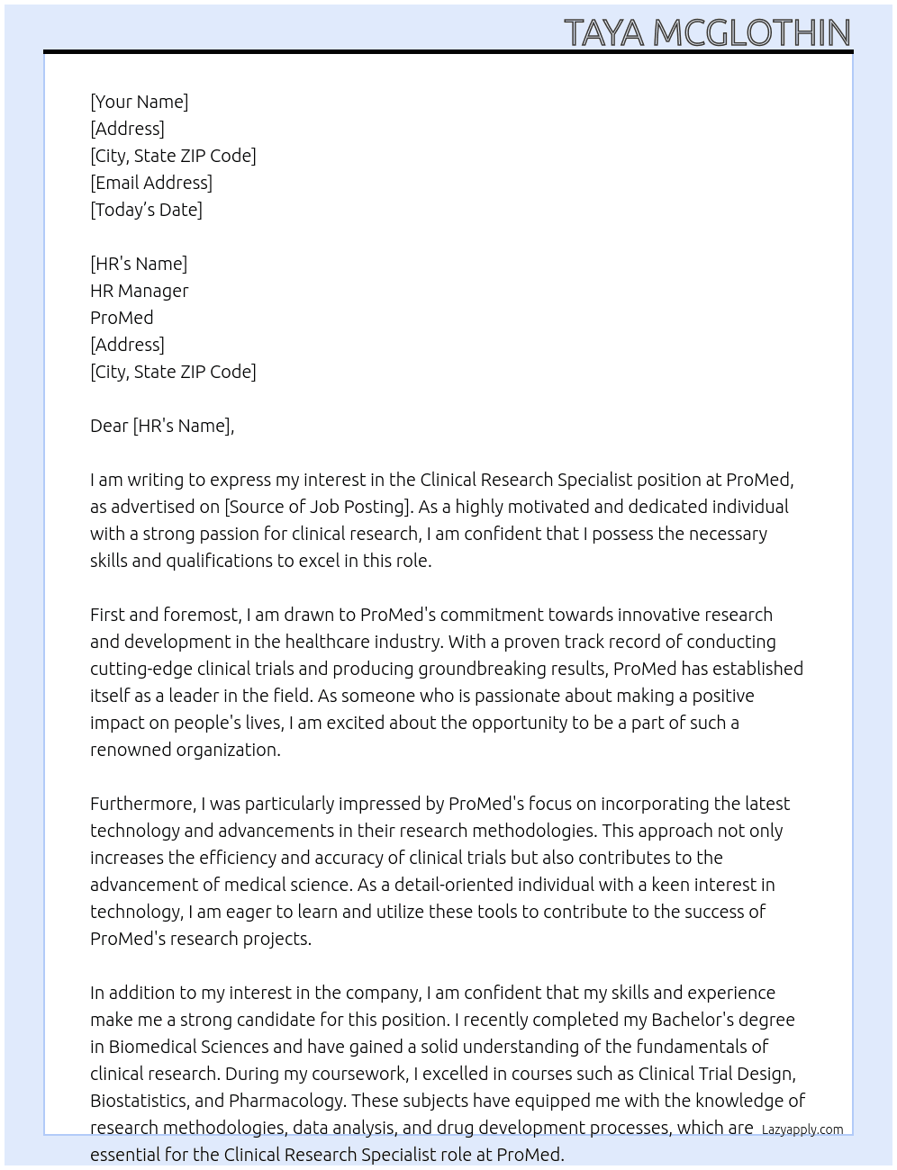 Clinical Research Specialist At ProMed Cover Letter