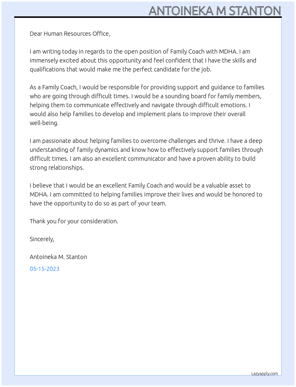 Family Coach At MDHA Cover Letter