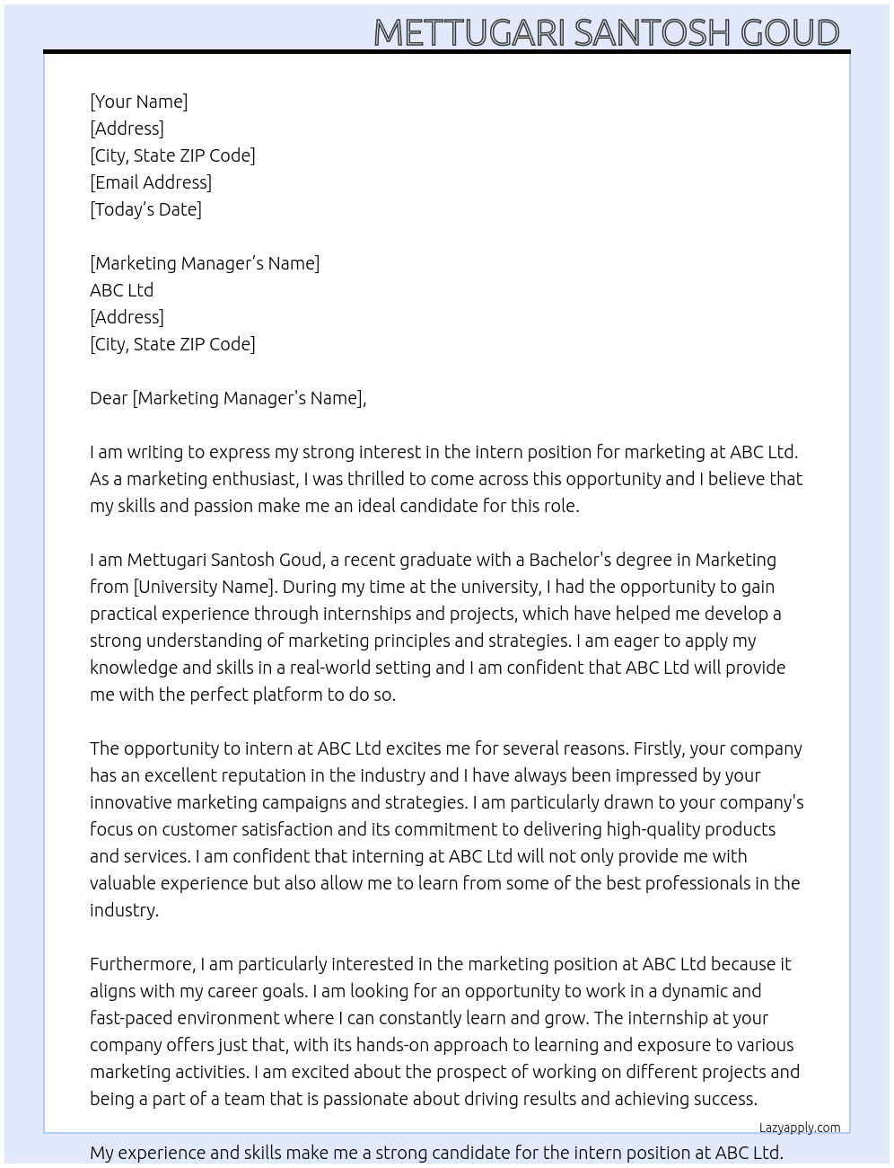 Intern for marketing position  At ABC Ltd Cover Letter