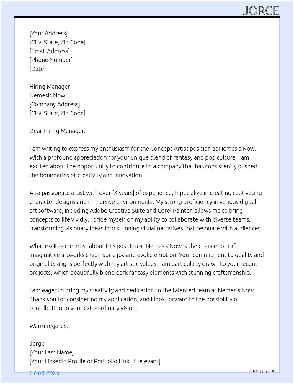 concept artist At nemesis now Cover Letter