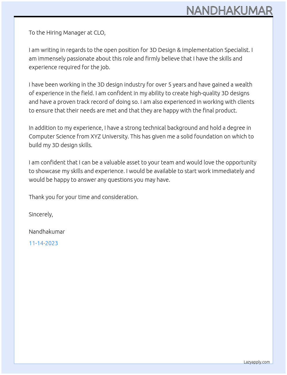 3D Design & Implementation Specialist At CLO Cover Letter