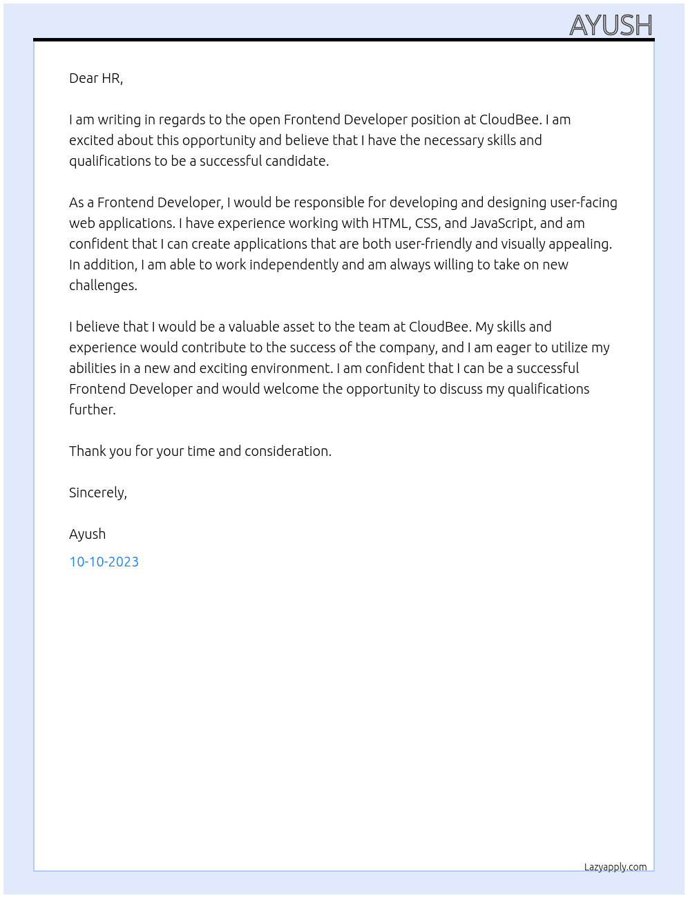 Frontend Developer At cloudbee Cover Letter