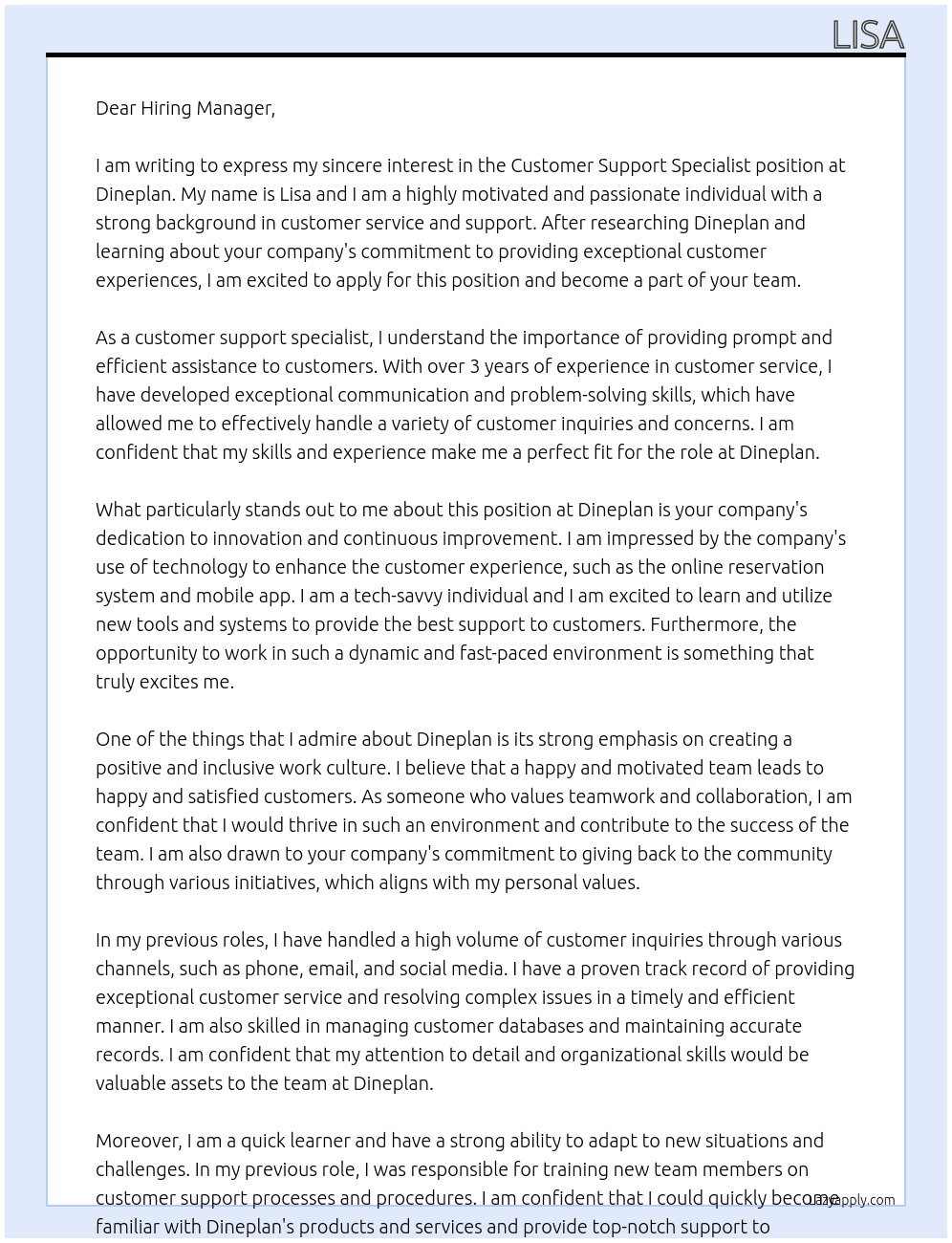 Customer Support Specialist At Dineplan  Cover Letter