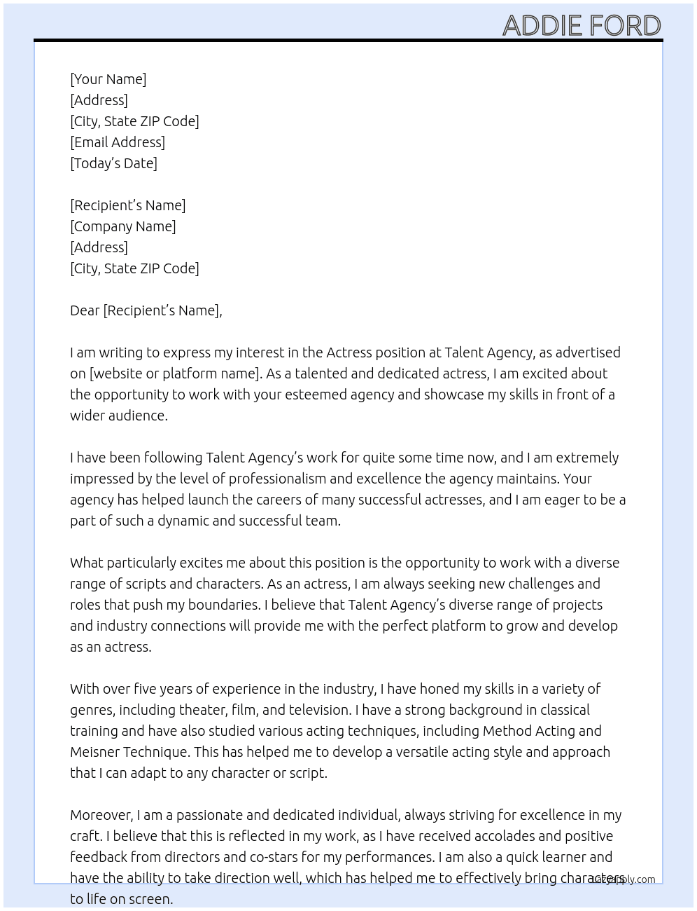 Actress At Talent Agency Cover Letter