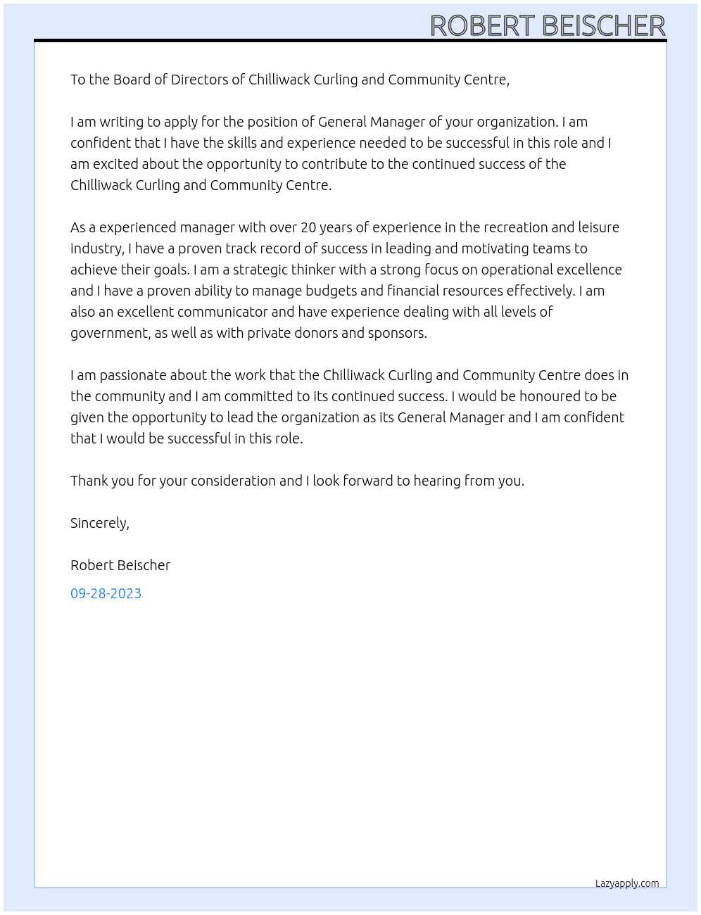 General Manager  At Chilliwack Curling and Community Centre Cover Letter