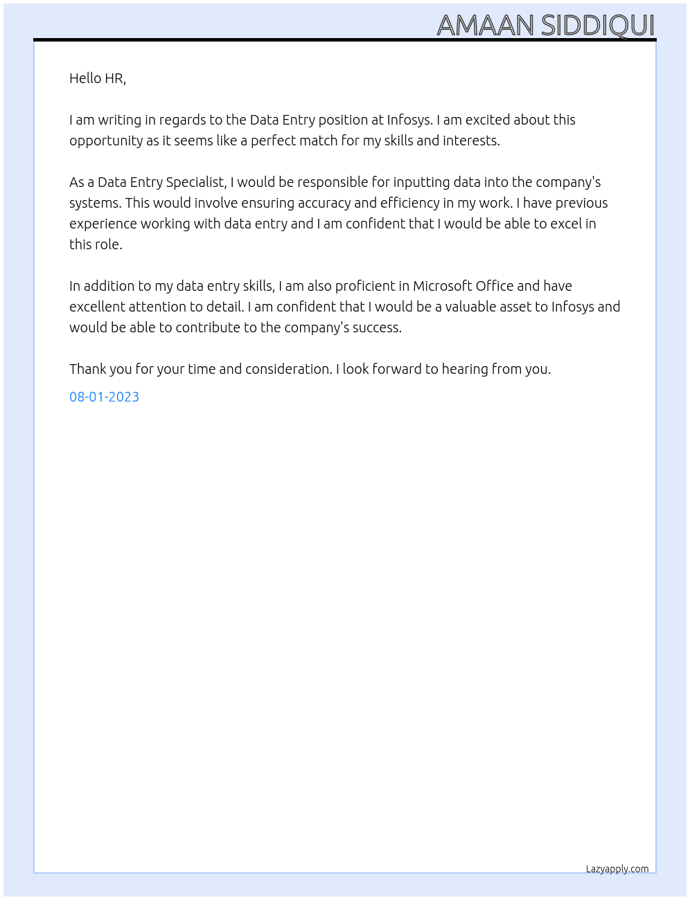 data entry At INFOSIS Cover Letter