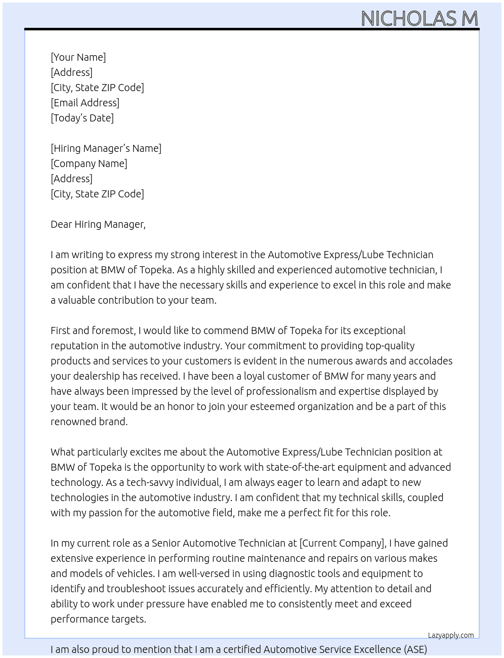 Automotive Express/Lube Technician At BMW of Topeka Cover Letter