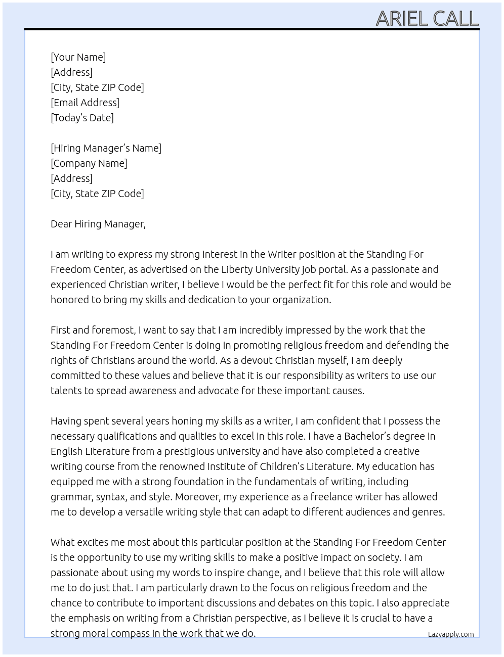 Writer, Standing For Freedom Center At Liberty University Cover Letter