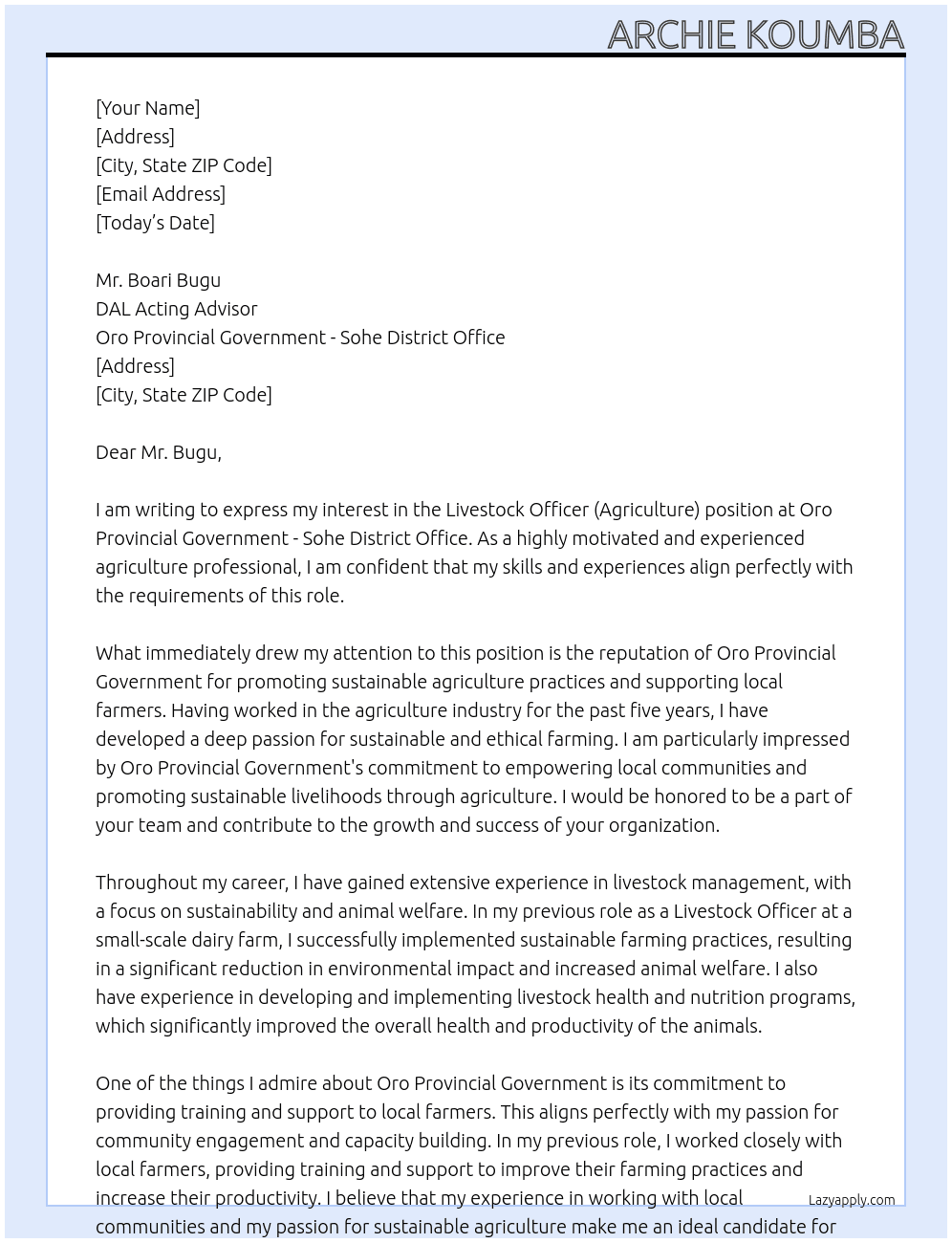 Livestock Officer (Agriculture) At Oro Provincial Government - Sohe District Office Cover Letter