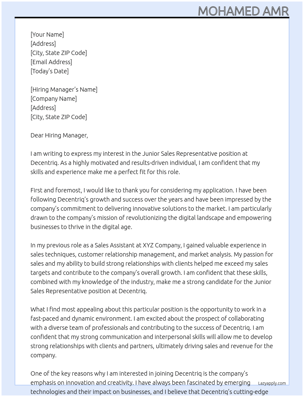 Junior sales representative  At Decentriq Cover Letter