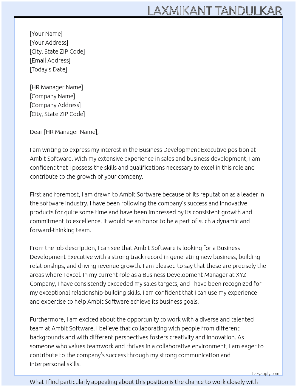 Business Developement Executieve At Ambit software Cover Letter