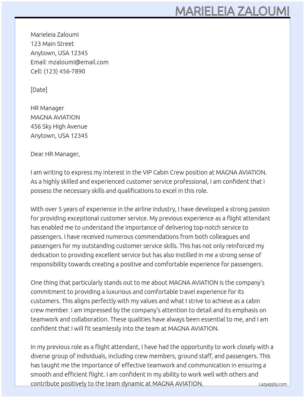 VIP cabin crew  At MAGNA AVIATION  Cover Letter