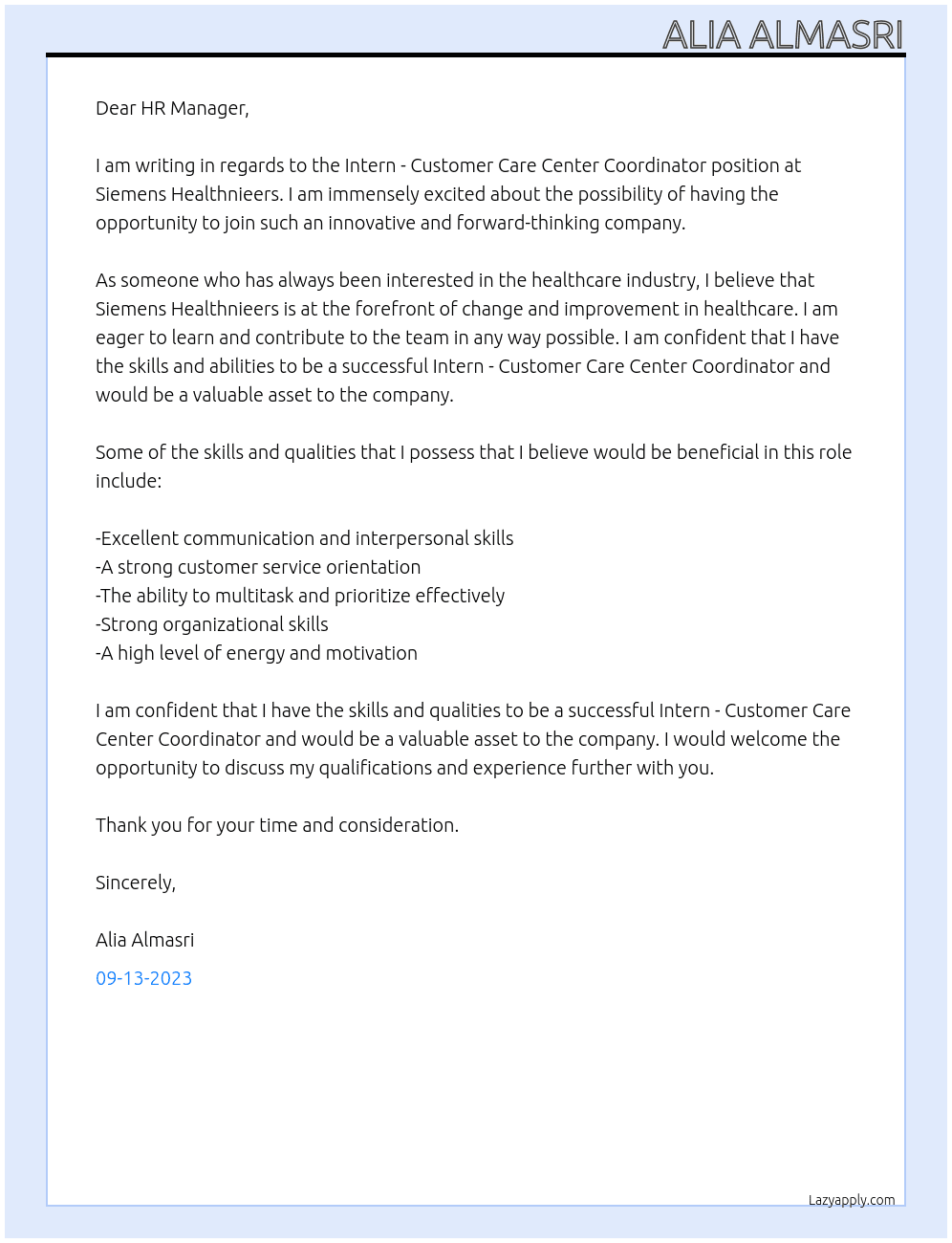 Intern - Customer Care Center Coordinator At Siemens Healthnieers  Cover Letter