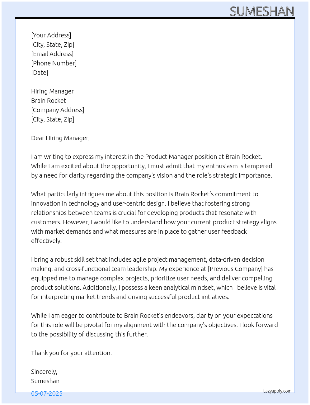 Product Manager At Brain Rocket Cover Letter