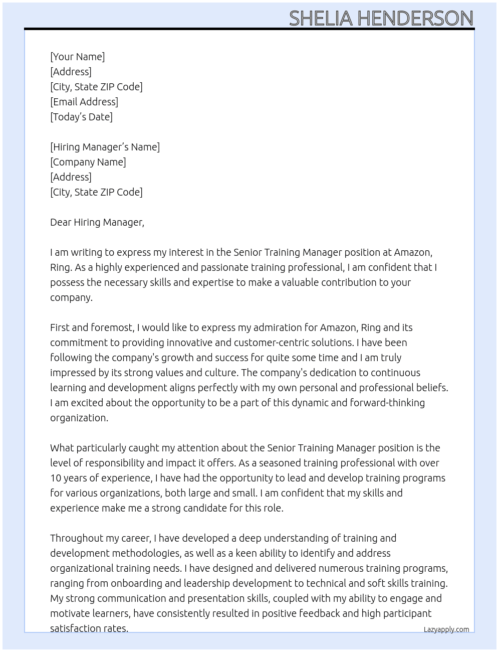 Senior Training Manager At Amazon, Ring Cover Letter