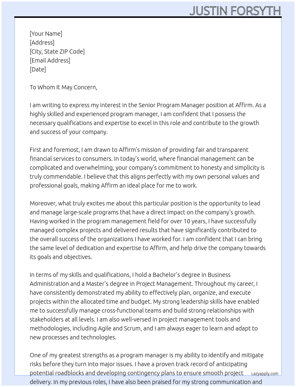 Senior Program Manager At Affirm Cover Letter