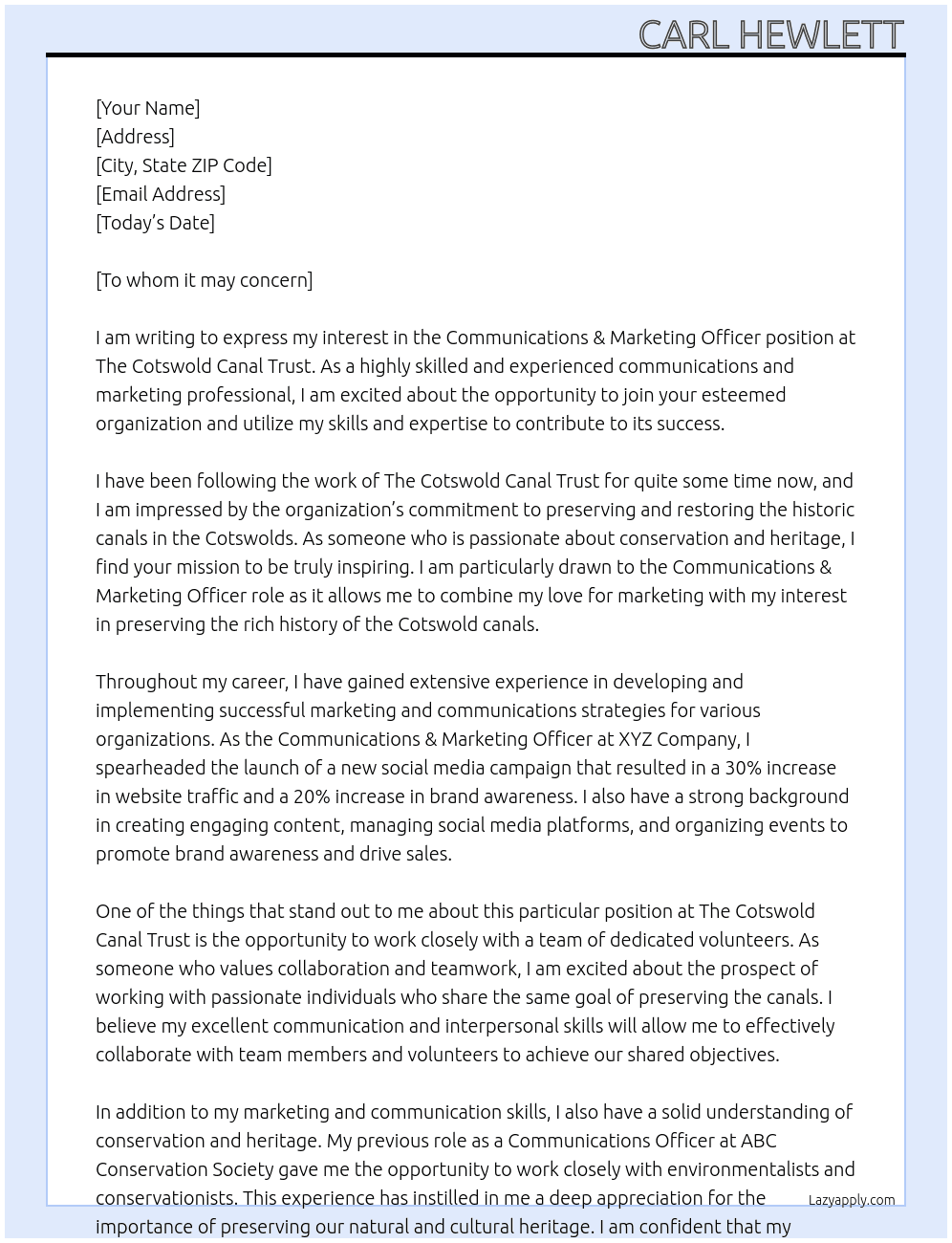 Communications & Marketing Officer At The Cotswold Canal Trust Cover Letter