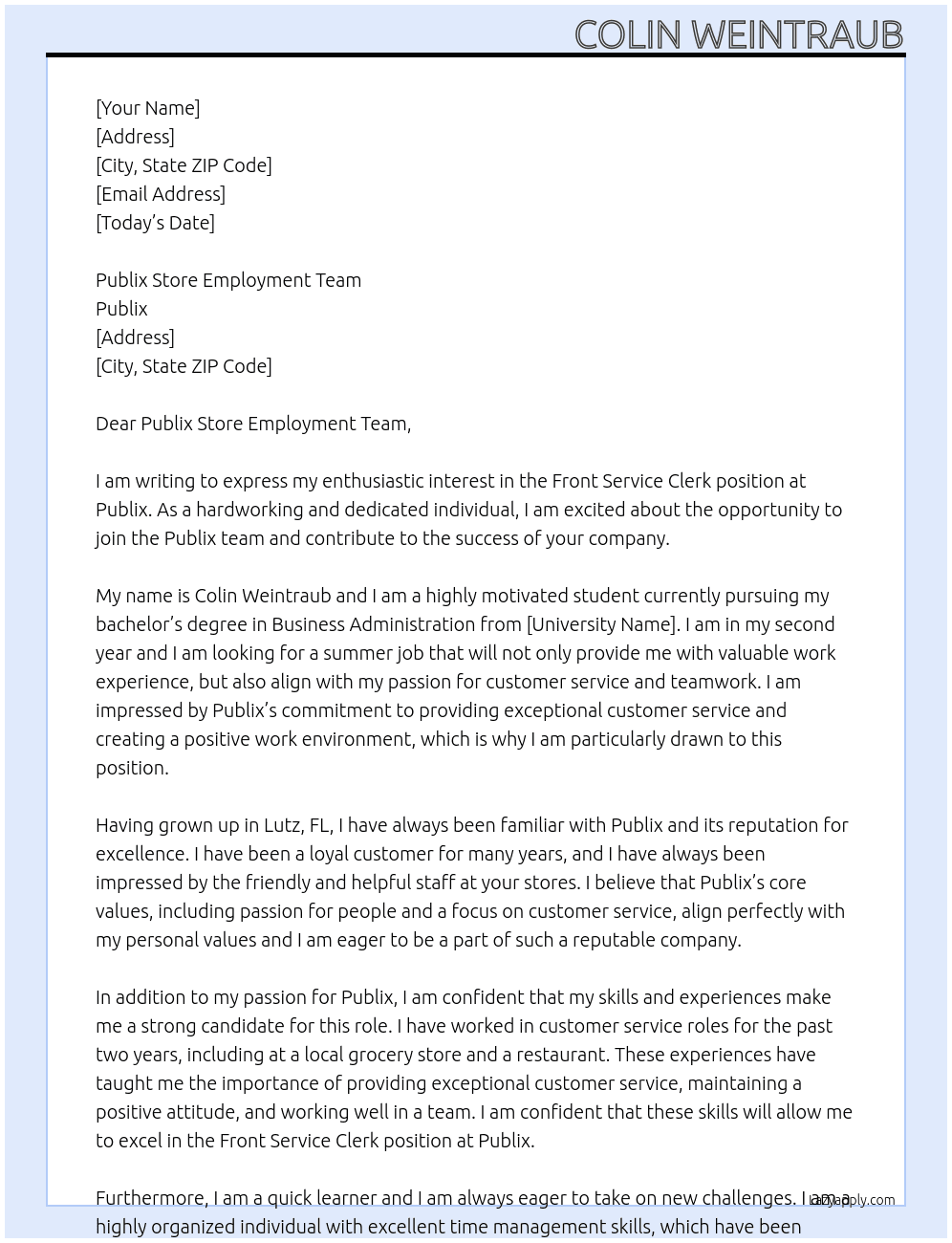 Front Service Clerk At Publix Cover Letter