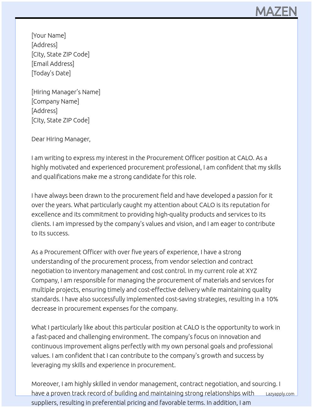 Procurement Officer At CALO Cover Letter