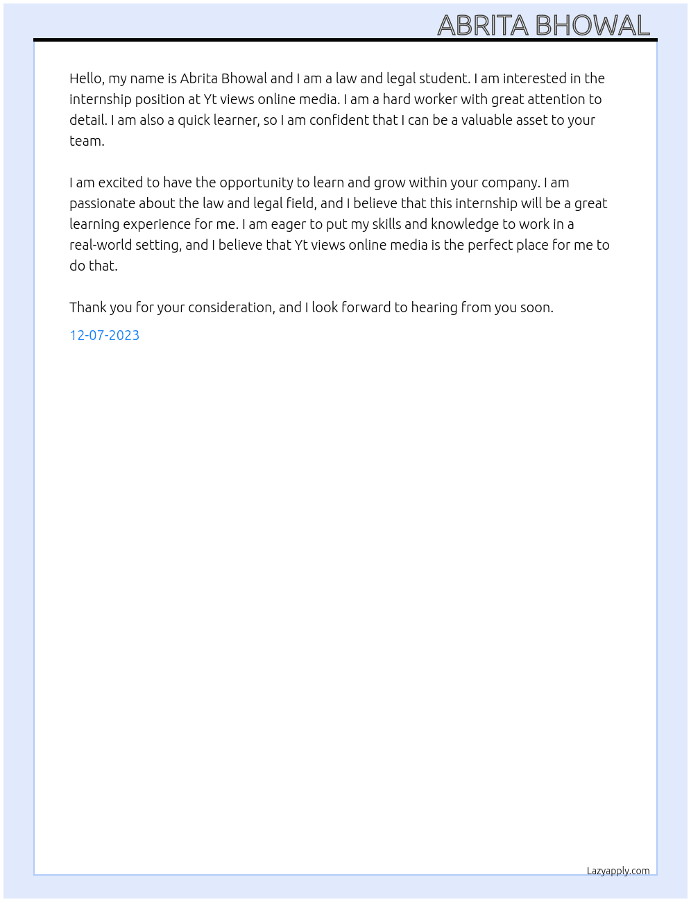 Law and legal At Yt views online media Cover Letter