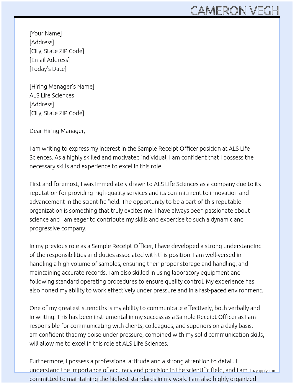 Sample Receipt Officer At ALS Life Sciences Cover Letter